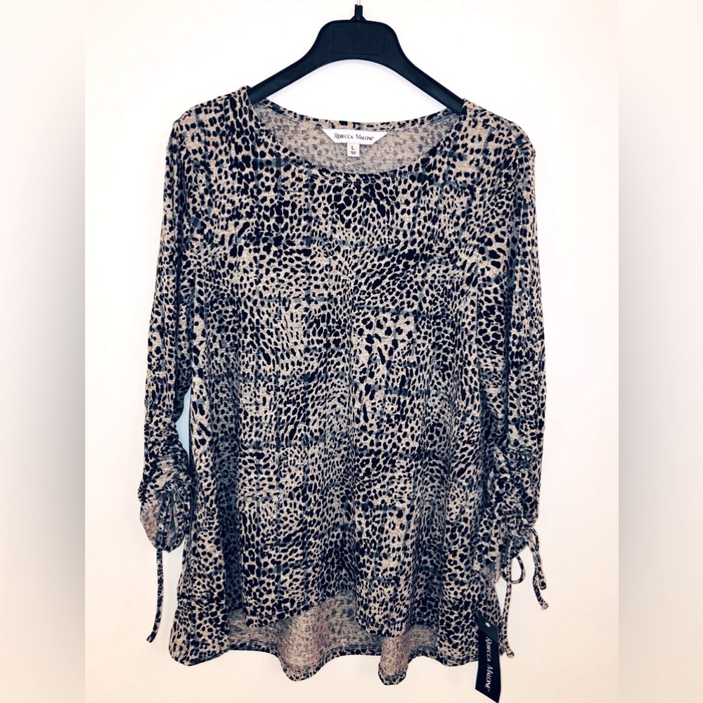 Rebecca Malone Ruched Sleeve Animal Print Knit Tunic Top - L